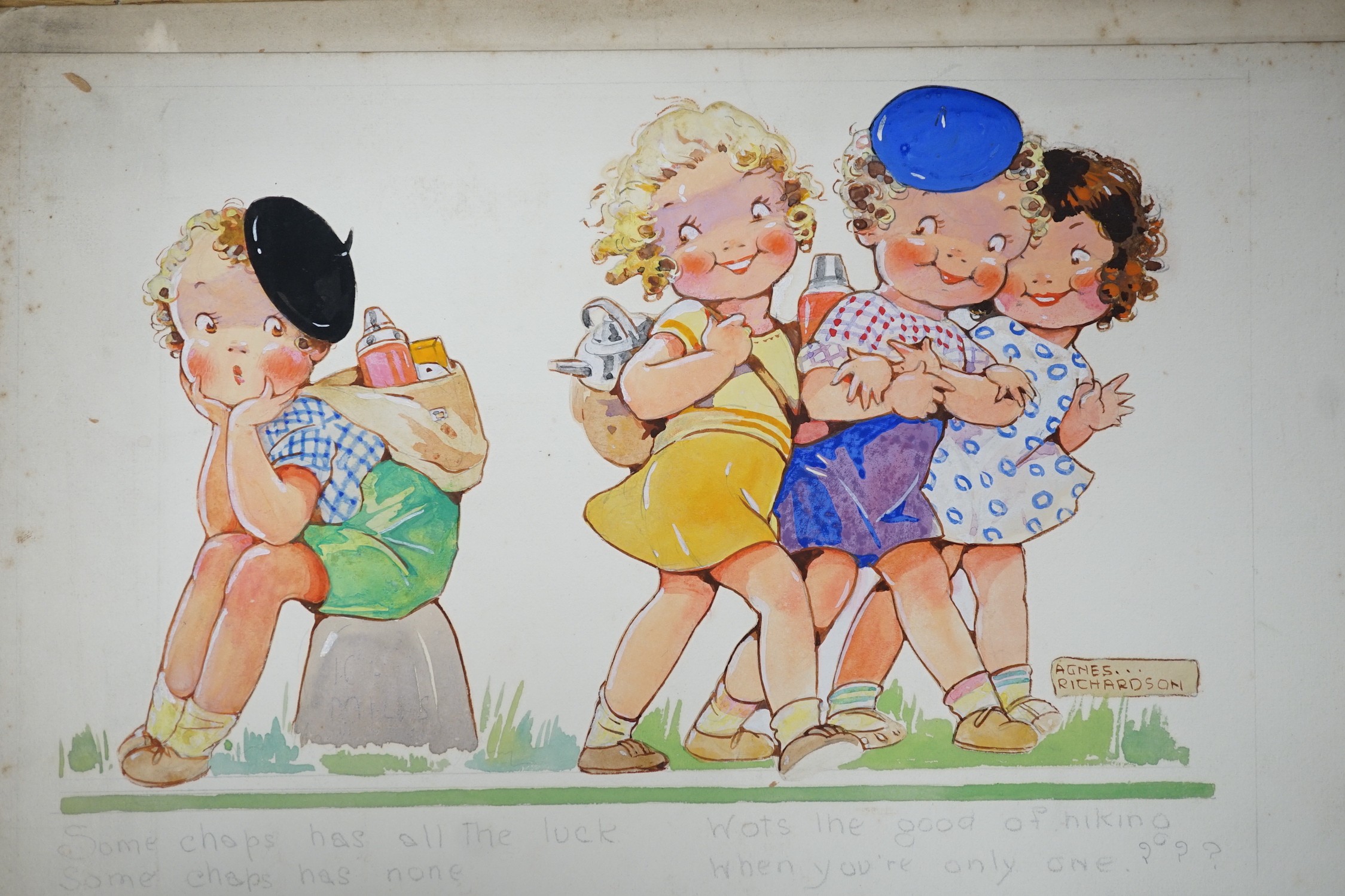 Agnes Richardson (1884-1951), four original watercolour and gouache postcard designs, Humorous children, signed, 38 x 24cm approx., unframed